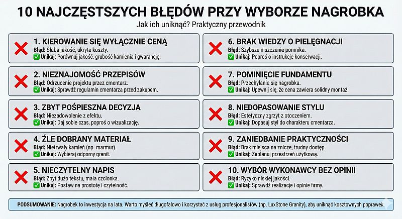 infografika LuxStone Granity przedstawiająca 10 najczęstszych błędów przy wyborze nagrobka