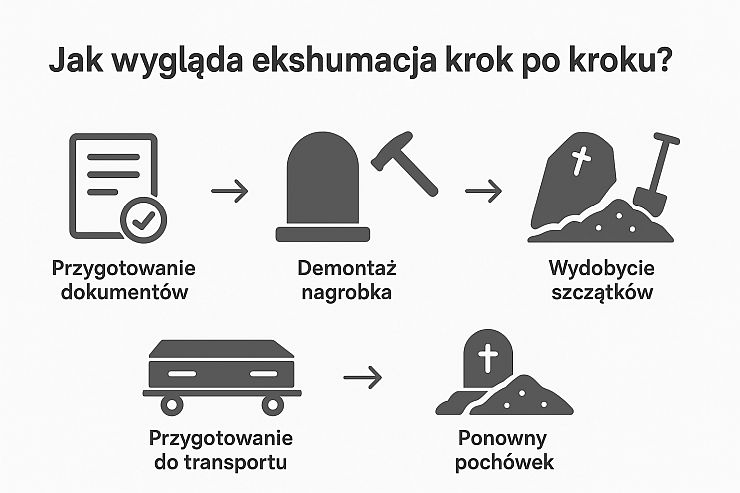 Prosta infografika przedstawiająca 5 kroków ekshumacji: dokumenty, demontaż nagrobka, wydobycie szczątków, transport, ponowny pochówek
