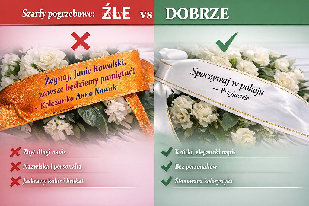 Infografika pokazująca różnicę między źle a dobrze przygotowaną szarfą pogrzebową