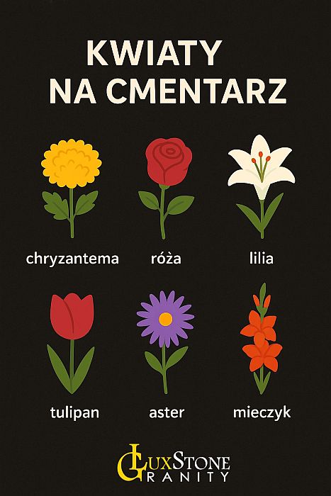 Infografika przedstawiająca sześć popularnych kwiatów na cmentarz na ciemnym, eleganckim tle. Pod tytułem „Kwiaty na cmentarz” widać ilustracje: chryzantemy, róży, lilii, tulipana, astra i mieczyka – każdy z podpisem w języku polskim.