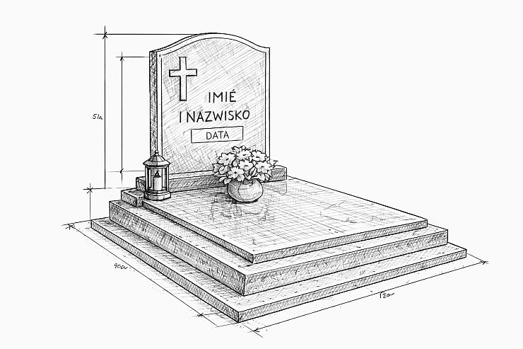Szkic techniczny nagrobka pojedynczego z granitu – czarno-biały rysunek perspektywiczny z wymiarami, pionową tablicą z krzyżem, miejscem na imię, nazwisko i datę, trzystopniową podstawą, lampionem oraz wazonem na kwiaty.