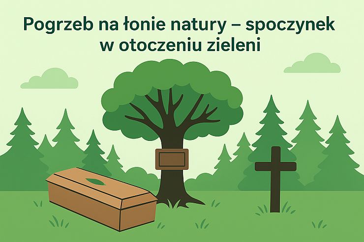Minimalistyczna infografika przedstawiająca leśny pochówek: po lewej trumna w tle proste ikony drzew i krzewów, po lewej świerki, po prawej duże drzewo liściaste. U góry napis ‘Leśny pochówek’. Całość w spokojnej, zielonej kolorystyce