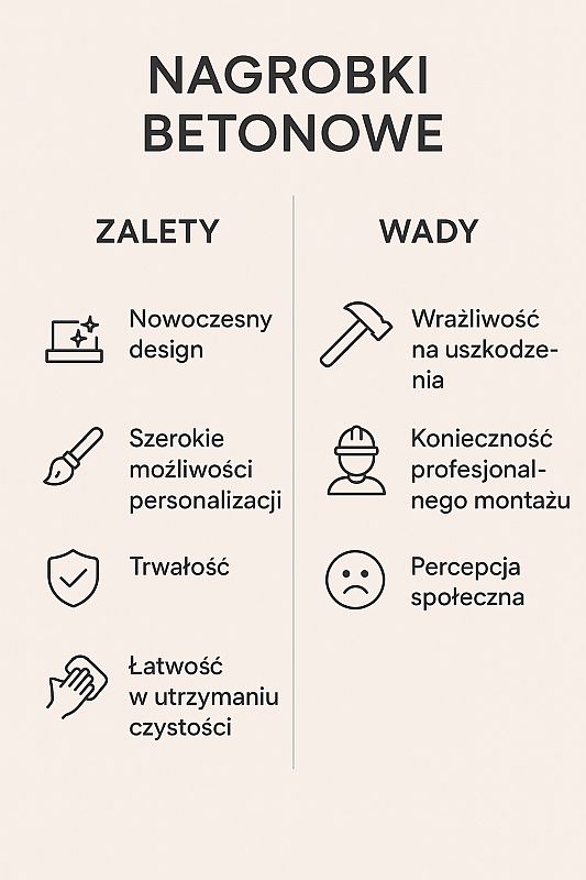 infografika przedstawiająca wady i zalety nagrobków betonowych