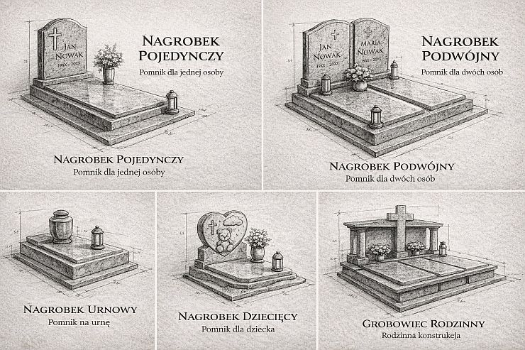 rodzaje nagrobków oferowanych przez luxstone granity - nagrobki pojedyncze, podwójne, urnowe, dziecięce i grobowce