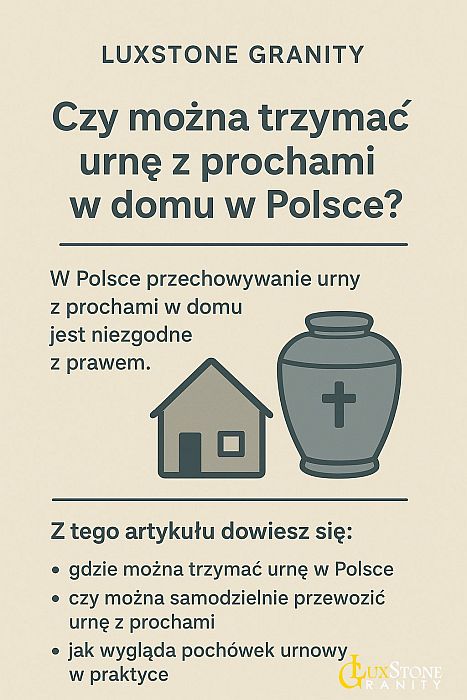Prosta infografika od Luxstone Granity z beżowym tłem przedstawiająca pytanie „Czy można trzymać urnę z prochami w domu w Polsce?”. Obok tekstu widnieją minimalistyczne ikony domu i urny z krzyżem. Infografika informuje, że w Polsce przechowywanie urny w domu jest niezgodne z prawem i wymienia tematy omawiane w artykule.