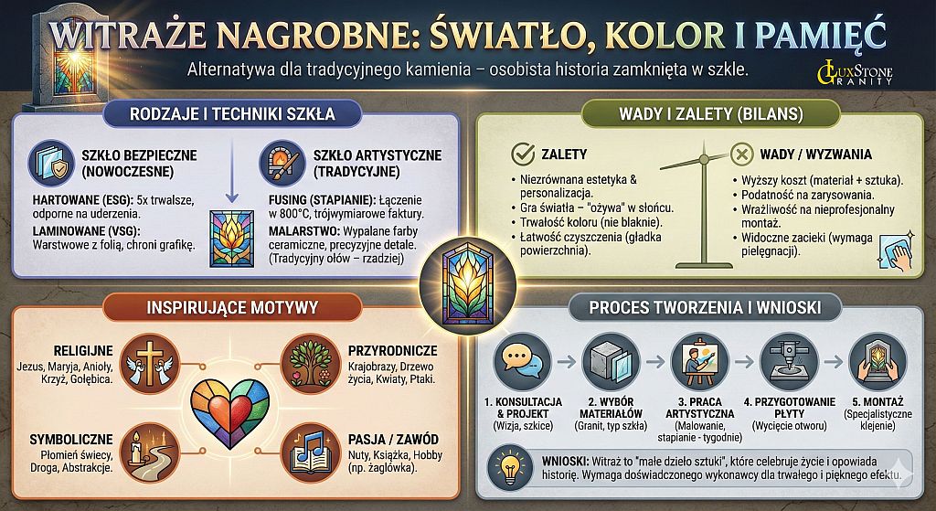 infografika dotycząca witraży nagrobnych przedstawiająca ich wady i zalety, rodzaje szkła, motywy i proces tworzenia
