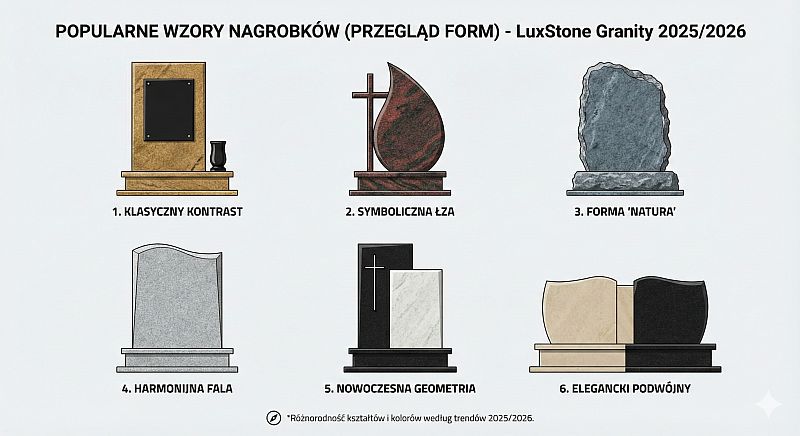 infografika przedstawiająca najpopularniejsze wzory nagrobków w LuxStone Granity w Zielonej Górze