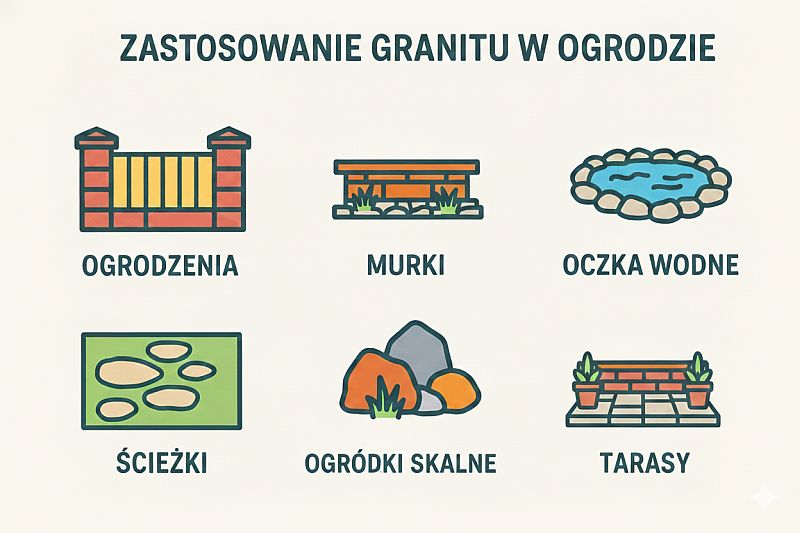 Infografika przedstawiająca zastosowania granitu w ogrodzie: murki oporowe, ogrodzenia, ścieżki, oczka wodne, ogródki skalne i elementy dekoracyjne, zilustrowane kolorowymi ikonami.